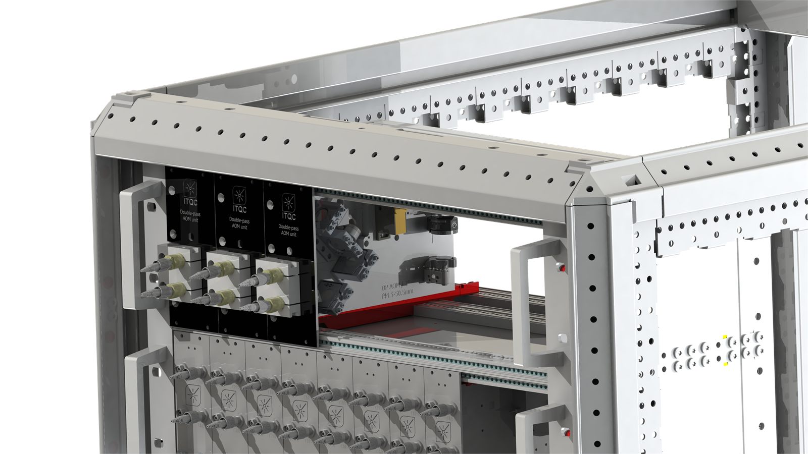 Rack rendering showing several AOM boards installed in a lab rack